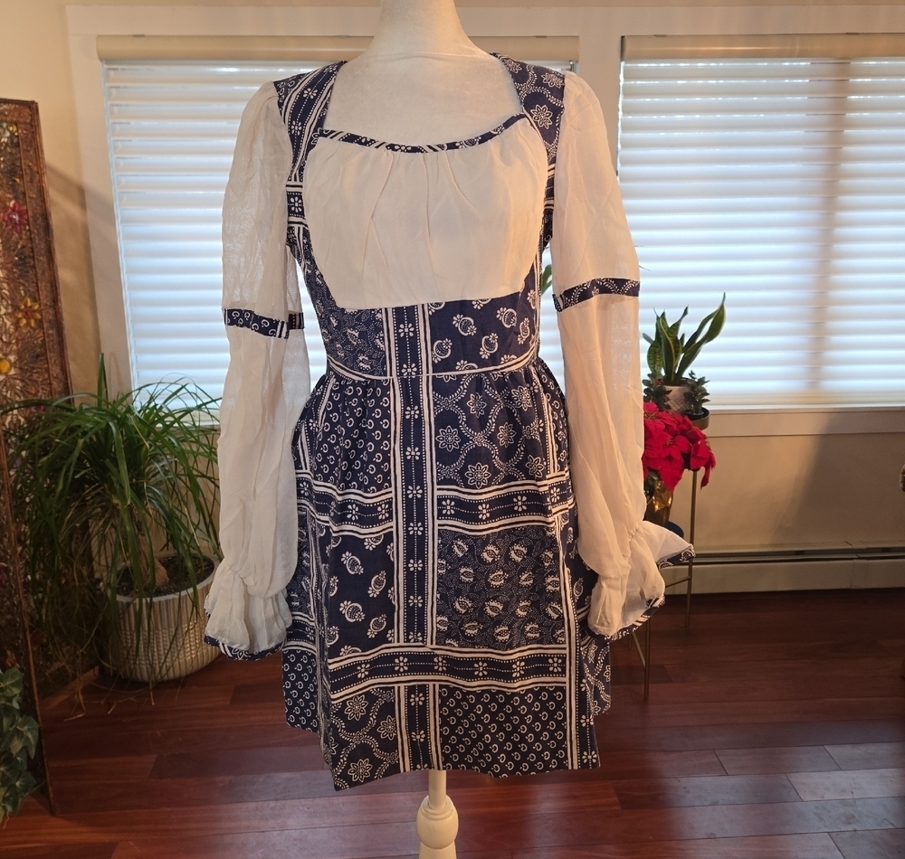 VTG Terri Petites Praire Boho Floral Balloon Sleeve Mini Dress Navy Blue 0 XS